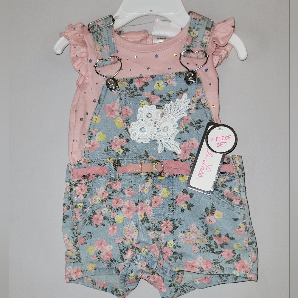 🌷Little Lass Pastel Floral Shortalls Rhinestone Top 2 Pc Set Outfit 0-3 Girl 🆕